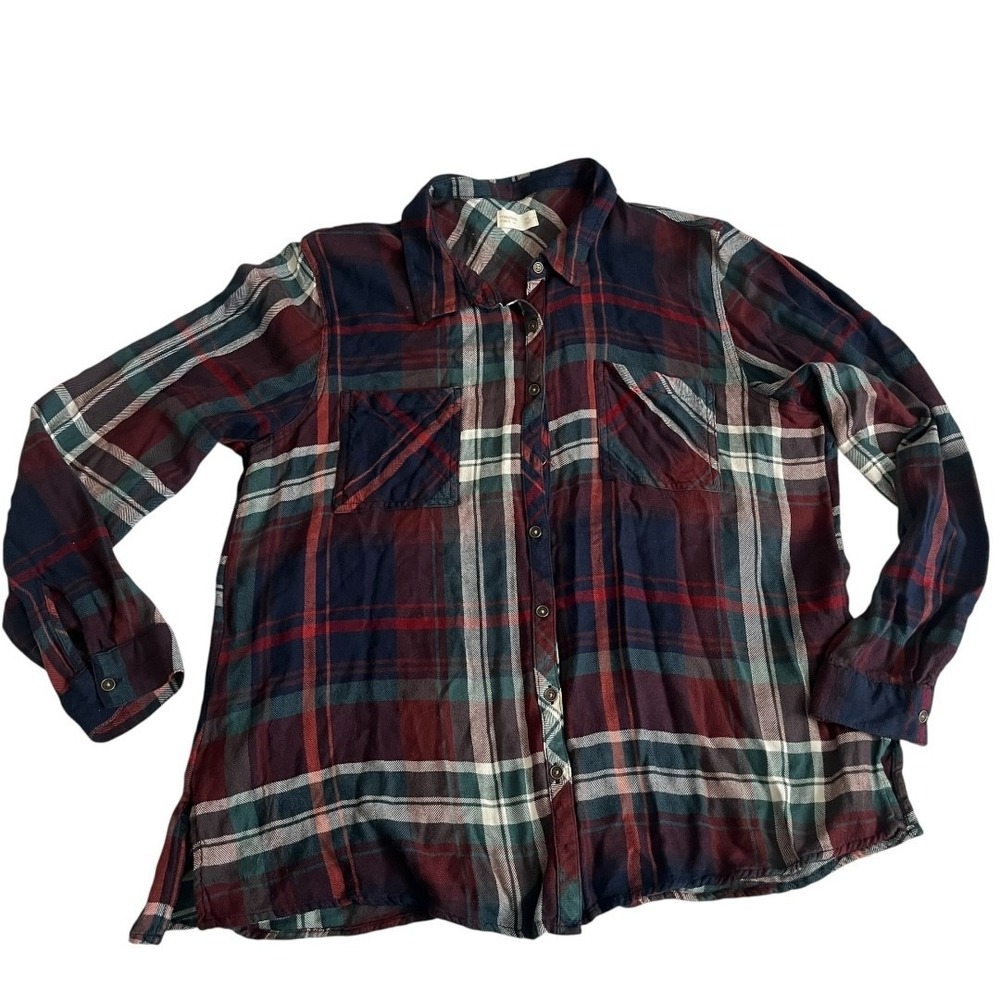 Maurices Relaxed Fit Tunic Plaid Button‎ Down Shirt XXL Burgundy Navy Rayon